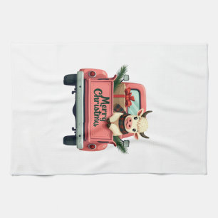 Vintage Merry Christmas Highland Cow in Pink Farm Tea Towel
