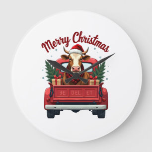 Vintage Merry Christmas Highland Cow Red Truck Hol Large Clock