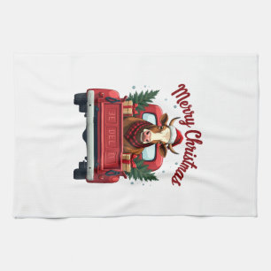 Vintage Merry Christmas Highland Cow Red Truck Hol Tea Towel