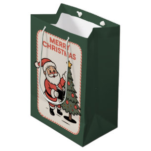 Vintage Merry Christmas Holiday Santa Reading  Medium Gift Bag