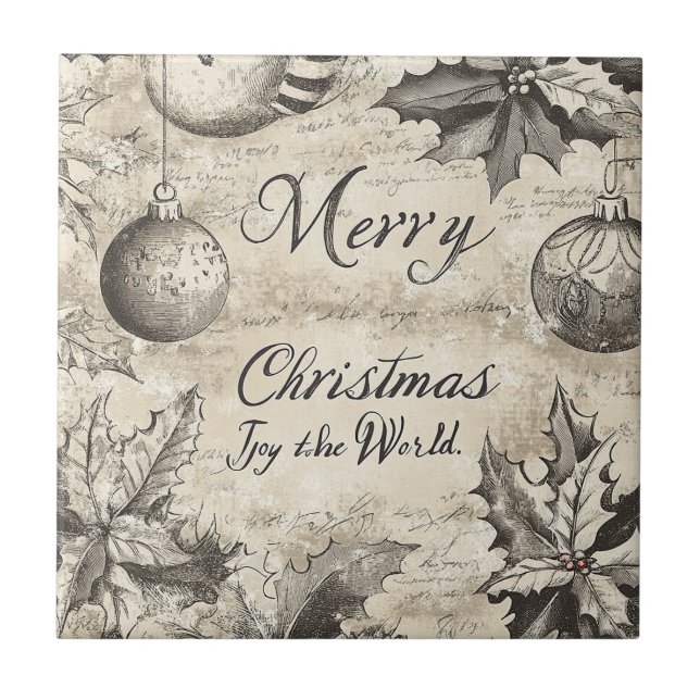 Vintage Merry Christmas Holly & Ornaments (1) Tile (Front)