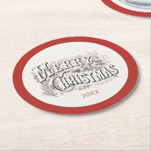 Vintage Merry Christmas Illustration Year Round Paper Coaster