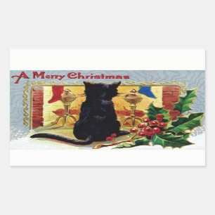 Vintage Merry Christmas Kitten Fireplace Holly Rectangular Sticker