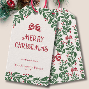 Vintage Merry Christmas Red Green Holly Garland Gift Tags
