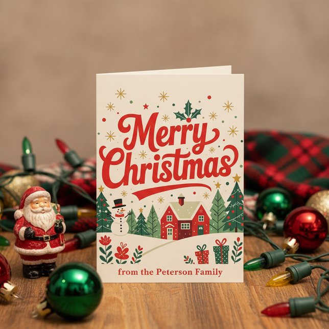 Vintage Merry Christmas Red House Snowman Family Card (Creator Uploaded)