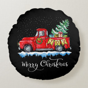 Vintage Merry Christmas Red Truck Old Fashioned Ch Round Cushion