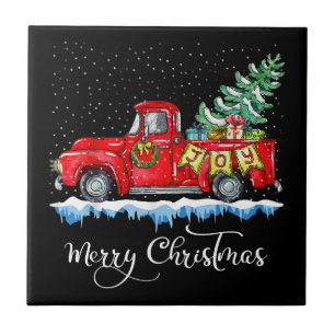 Vintage Merry Christmas Red Truck Old Fashioned Ch Tile