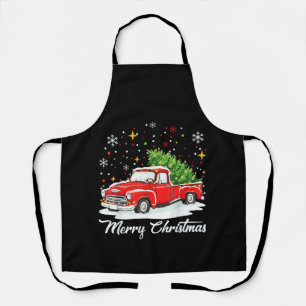 Vintage Merry Christmas Red Truck Santa Tree Famil Apron