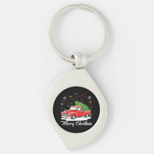 Vintage Merry Christmas Red Truck Santa Tree Famil Key Ring