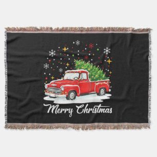 Vintage Merry Christmas Red Truck Santa Tree Famil Throw Blanket