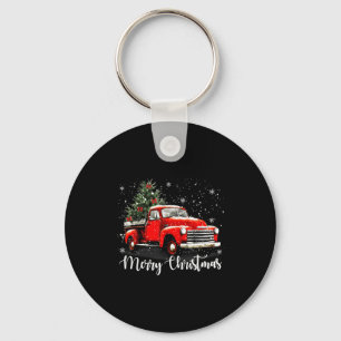 Vintage Merry Christmas Red Truck Xmas Tree Family Key Ring