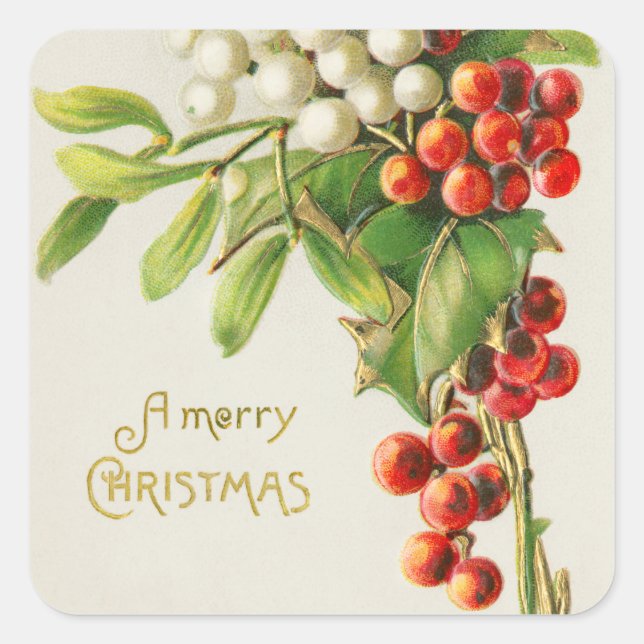 Vintage Merry Christmas Red & White Holly Berries Square Sticker (Front)