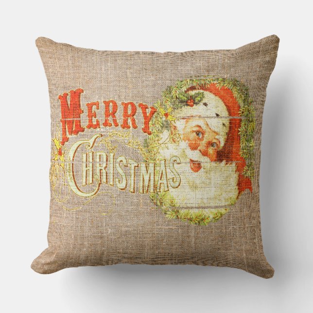 Vintage Merry Christmas & Santa on Rustic Burlap Cushion (Front)