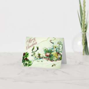 Vintage Merry Christmas Santa Sleigh Reindeer  Card
