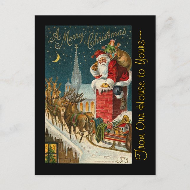 Vintage Merry Christmas Santa Sleigh Reindeer Holiday Postcard (Front)