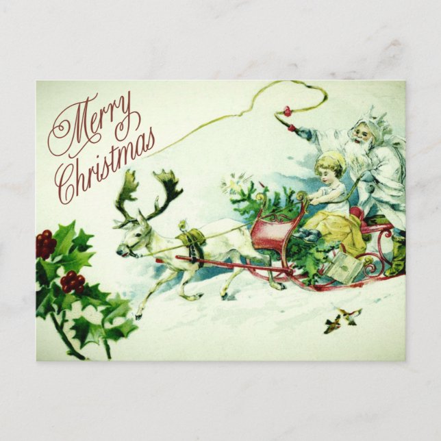 Vintage Merry Christmas Santa Sleigh Reindeer Postcard (Front)