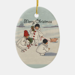 Vintage Merry Christmas Snow Children Artwork Ceramic Tree Decoration