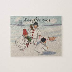 Vintage Merry Christmas Snow Children Jigsaw Puzzle