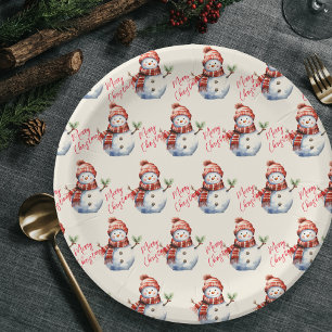 Vintage Merry Christmas & Snowmen Paper Plate