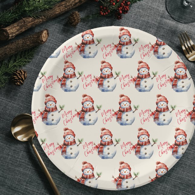 Vintage Merry Christmas & Snowmen  Paper Plate (Creator Uploaded)