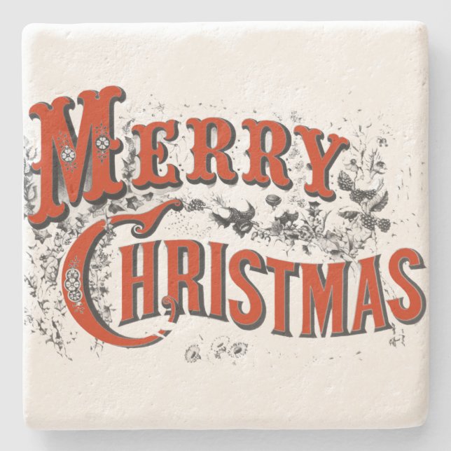 Vintage Merry Christmas Stone Coaster (Front)