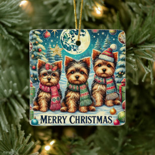 Vintage Merry Christmas Terrier Yorskhire Yorkie Ceramic Ornament