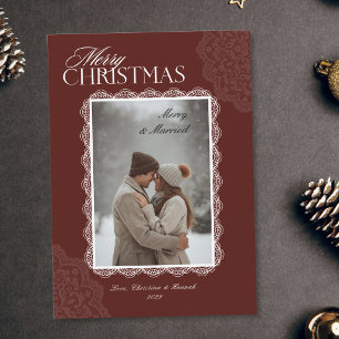 Vintage Merry Christmas White Lace Merry & Married Holiday Card