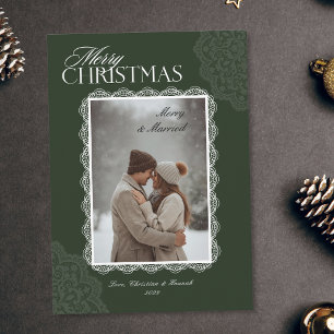 Vintage Merry Christmas White Lace Merry & Married Holiday Card