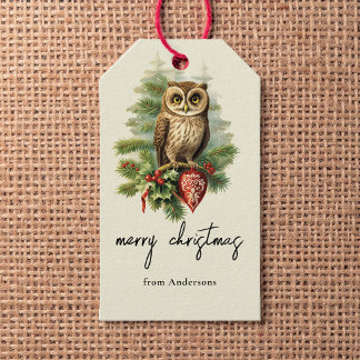 Vintage Merry Christmas Winter Woodland Owl Name Gift Tags