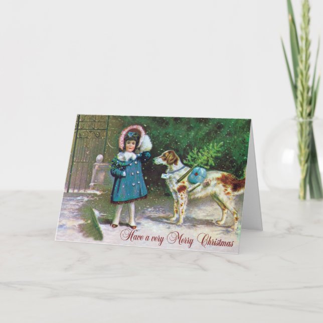 VintagE Merry Christmas with Girl Dog Holiday Card (Front)