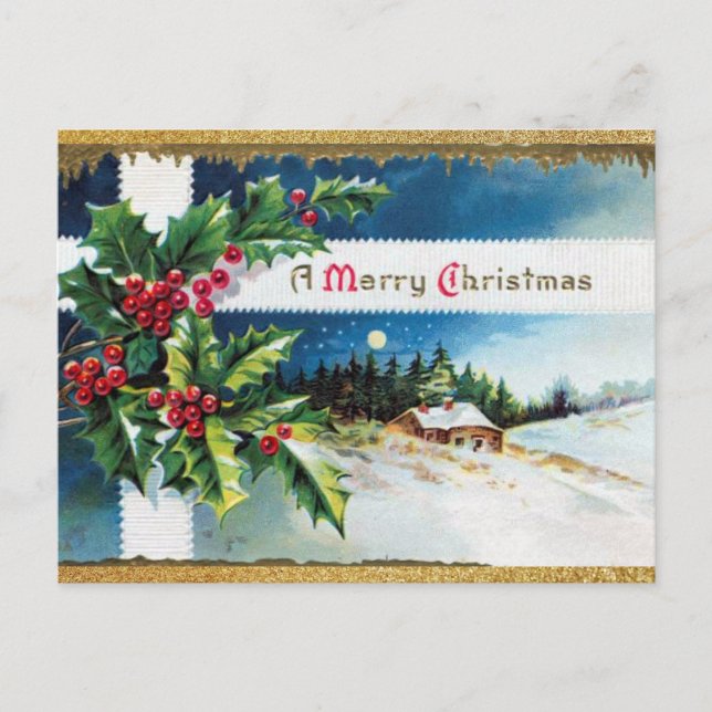 Vintage Merry Christmas with Gold Glitter Postcard (Front)