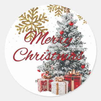Vintage Merry Christmas with Tree and Snowflakes Classic Round Sticker