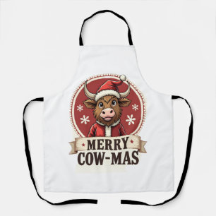 Vintage Merry Cow-Mas Highland Cow Christmas Carto Apron