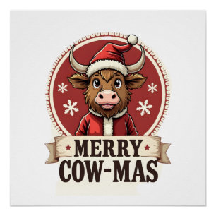 Vintage Merry Cow-Mas Highland Cow Christmas Carto Poster