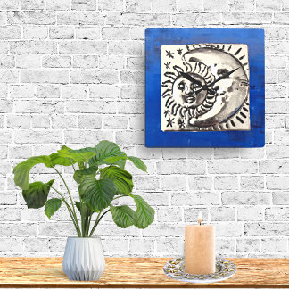 Vintage Mexican Silver Sun & Moon On Blue Square Wall Clock