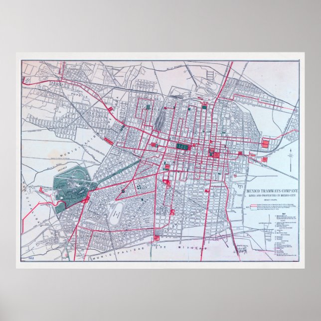 Vintage Mexico City Tramway Map (1910) Poster (Front)