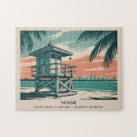 Vintage Miami Florida South Beach Skyline Travel Jigsaw Puzzle<br><div class="desc">Celebrate the vibrant character of Miami with this vintage South Beach skyline artwork. A colorful lifeguard tower rises above golden sands and turquoise waves, framed by lush tropical palms and glowing sunset skies. Inspired by retro travel posters, this pastel-toned illustration captures the laid-back atmosphere and timeless charm of Florida’s most...</div>