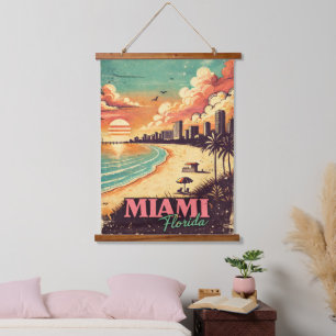 Vintage Miami Florida Travel Illustration Hanging Tapestry