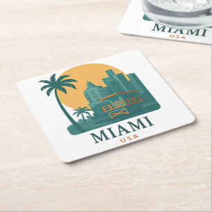 Vintage Miami USA – Retro Beach Skyline Square Paper Coaster