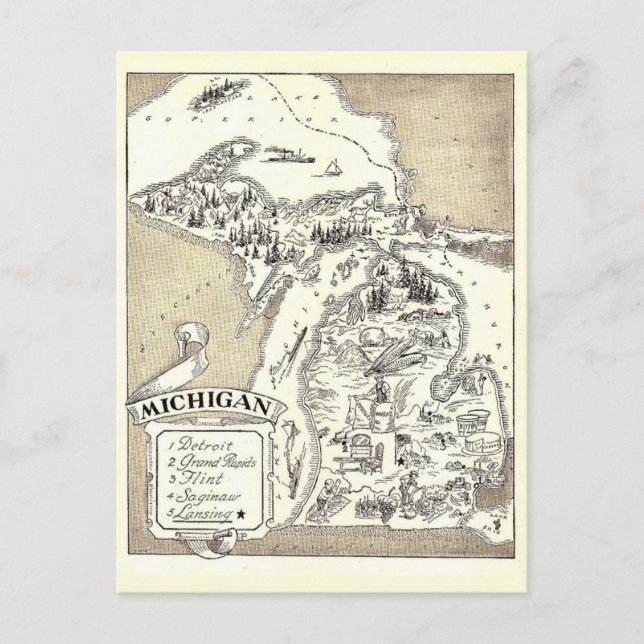 Vintage Michigan Map Postcard (Front)