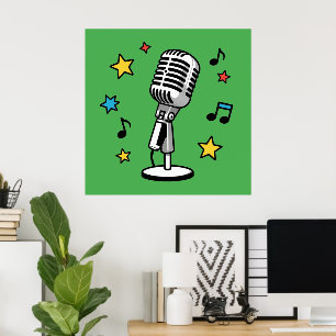 Vintage Microphone Music Notes Retro Singing Desig Poster