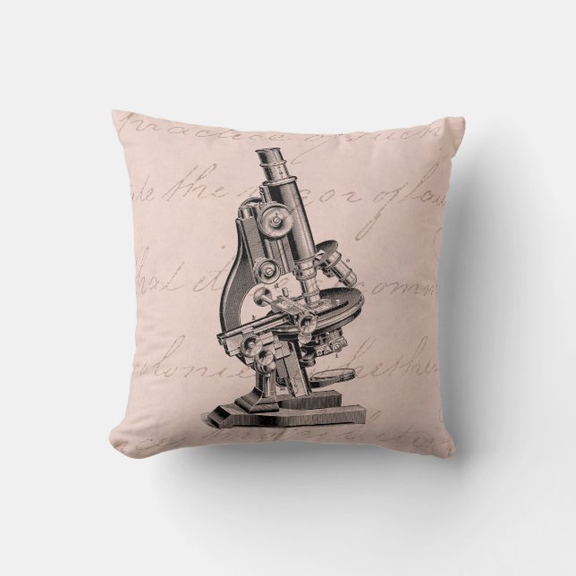 Vintage Microscope Illustration Pink Steampunk Cushion (Front)