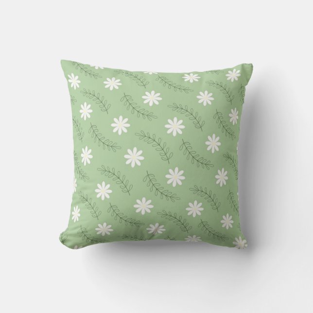 Vintage Mid Century Green White Flower Pattern Cushion (Front)