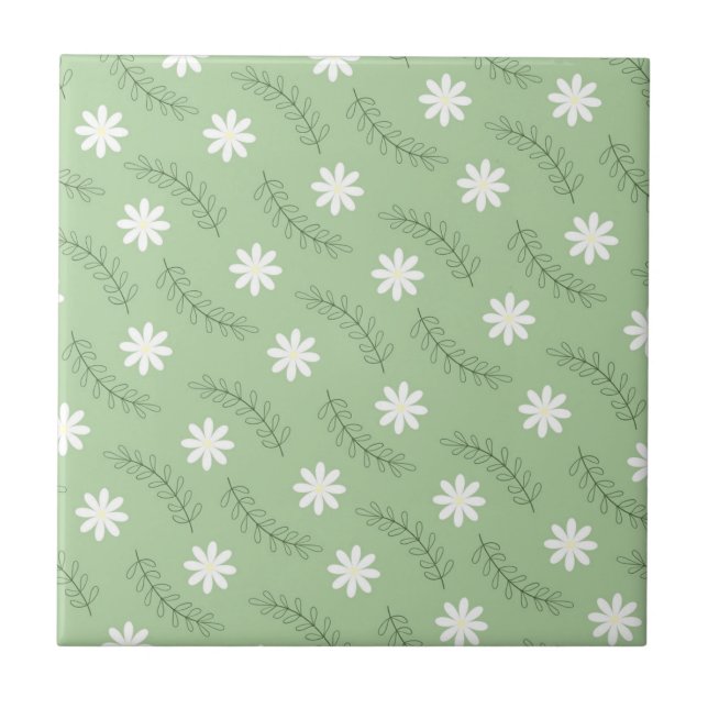 Vintage Mid Century Green White Flower Pattern Tile (Front)