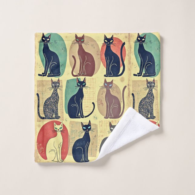Vintage Mid-Century Modern Cats Bath Towel Set (Wash Cloth)