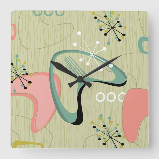 Vintage Mid Century Modern Sputnik Pink Green Square Wall Clock (Front)