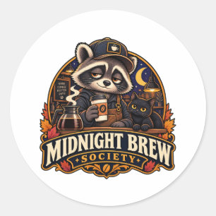 Vintage Midnight Brew Racoon Coffee Society Retro Classic Round Sticker