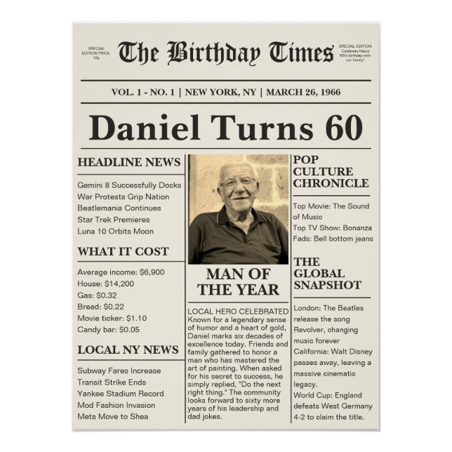 Vintage Milestone Birthday Newspaper - Custom Year Poster (Front)
