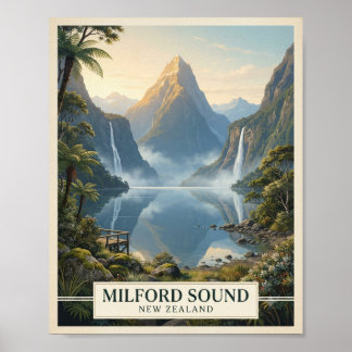 Vintage Milford Sound New Zealand Travel Poster