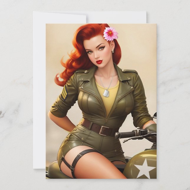 Vintage Military Motorcycle Pinup Greeting Card (Front)